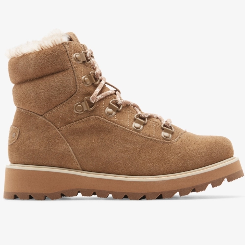 Roxy Bradie Tan Caramel Suede Fur‑Trim Waterproof Lace‑Up Lug Boot W 8.5